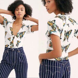 Nwt Free People Ready Set Sail Butterfly‎ Crop Top Tie Front Blouse Small Boho S